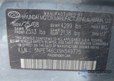 2009 Hyundai Sonata Gls from USA, damaged, VIN 5NPET46CX9H549775